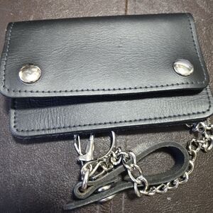 Black leather biker chain leather biker bi fold wallet